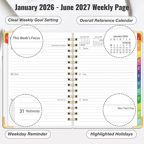 Daily Planner 2026-2027, 18 Month Planner with Tabs, January 2026 - June 2027 Weekly and Monthly Academic Year Calendar Spiral Time Management, 100GSM Thick Paper, Twin-Wire Binding, A5 Size, Yellow in Saudi Arabia