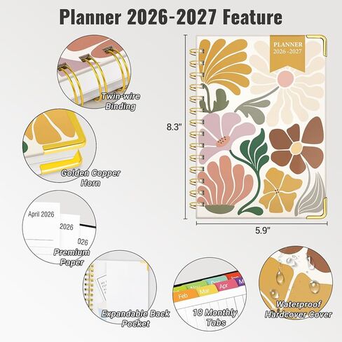 Daily Planner 2026-2027, 18 Month Planner with Tabs, January 2026 - June 2027 Weekly and Monthly Academic Year Calendar Spiral Time Management, 100GSM Thick Paper, Twin-Wire Binding, A5 Size, Yellow in Saudi Arabia