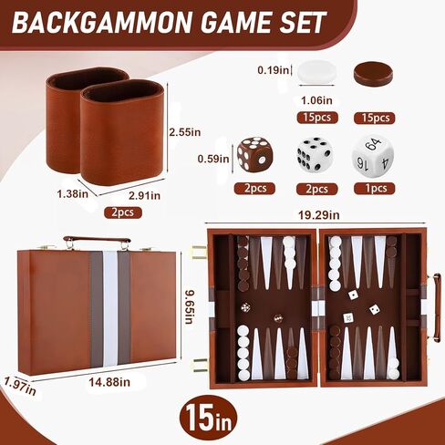 Large Backgammon Sets for Adults - 15inch Premium Backgammon Board with Deluxe PU Leather Case Portable - Felt Interior, Classic Board Games for 2 Players with Guide - Gifts for Man Woman in Saudi Arabia