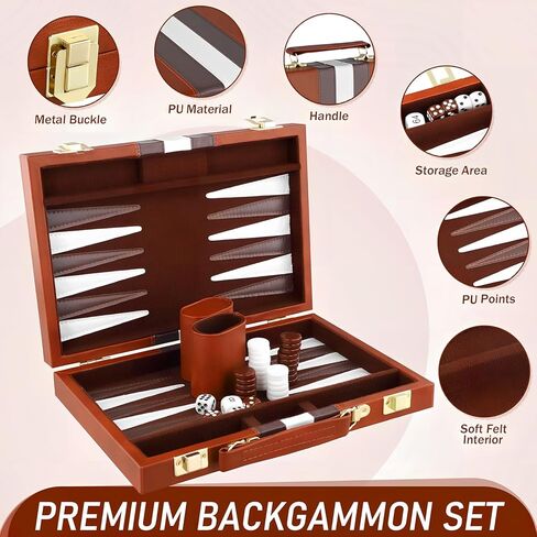 Large Backgammon Sets for Adults - 15inch Premium Backgammon Board with Deluxe PU Leather Case Portable - Felt Interior, Classic Board Games for 2 Players with Guide - Gifts for Man Woman in Saudi Arabia