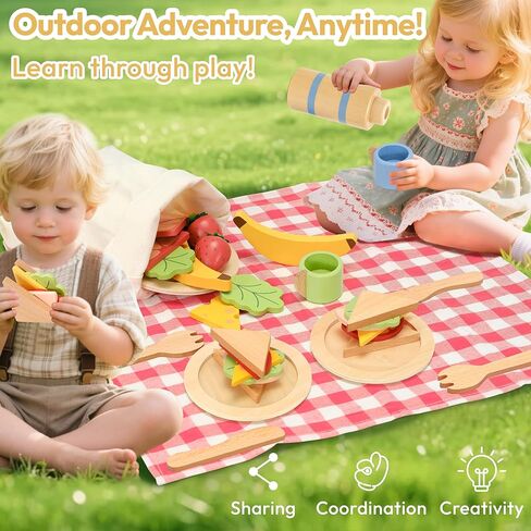 Pillowhale Wooden Picnic Basket Playset Toy,Pretend Play Food Sharing Playset with Cutting Fruits, Kids Imagination Play for Girls Boys Toddlers 3 Years Old and Up in Kuwait