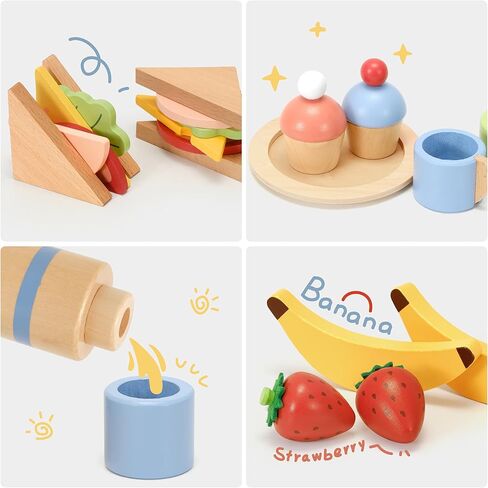 Pillowhale Wooden Picnic Basket Playset Toy,Pretend Play Food Sharing Playset with Cutting Fruits, Kids Imagination Play for Girls Boys Toddlers 3 Years Old and Up in Kuwait