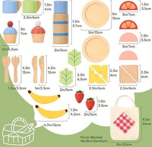 Pillowhale Wooden Picnic Basket Playset Toy,Pretend Play Food Sharing Playset with Cutting Fruits, Kids Imagination Play for Girls Boys Toddlers 3 Years Old and Up in Kuwait
