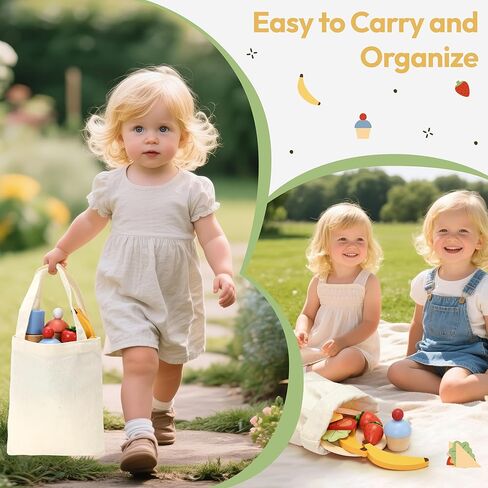 Pillowhale Wooden Picnic Basket Playset Toy,Pretend Play Food Sharing Playset with Cutting Fruits, Kids Imagination Play for Girls Boys Toddlers 3 Years Old and Up in Kuwait