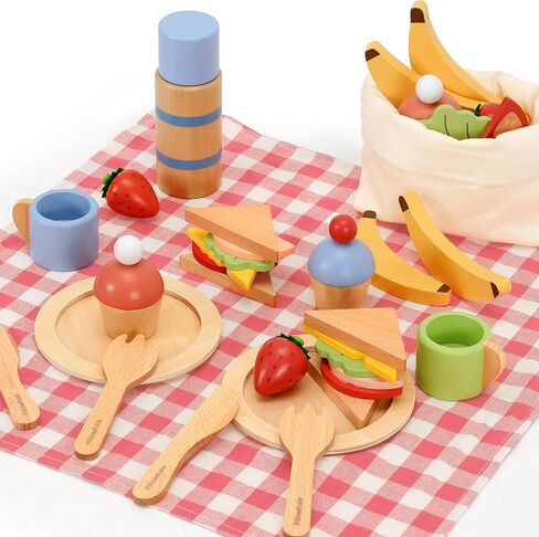 Pillowhale Wooden Picnic Basket Playset Toy,Pretend Play Food Sharing Playset with Cutting Fruits, Kids Imagination Play for Girls Boys Toddlers 3 Years Old and Up in Kuwait