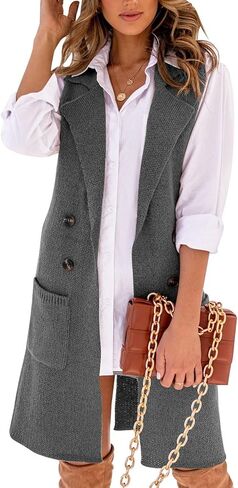 IDEALSANXUN Womens Long Sweater Vest Fall Winter Sleeveless Knit Cardigan Outerwear in Kuwait