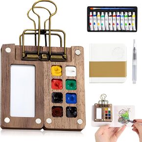 Mini Watercolor Kit, 12 Color Mini Watercolor Travel Set, Wooden Sketchbook Kit Watercolors Paint Set with Paint, Brush, Sketchbook and Copper Clip for Artists Students Painters in Saudi Arabia