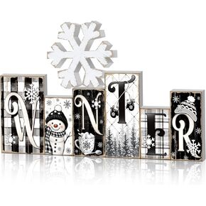 Yousoontic 2 Pcs Wooden Winter Tabletop Decoration Blue and White Winter Table Decorations Wooden Snowflake Decor Winter Tiered Tray Decor Winter Letter Table Centerpieces for Office Home Decor in Kuwait