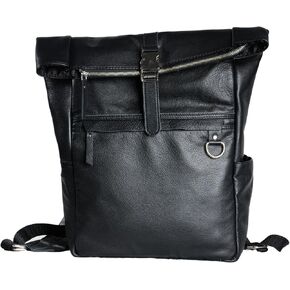 Black Leather Roll-Top Backpack 18 Inch Genuine Leather Laptop Bag for Men & Women, Travel Rucksack, Office & School Backpack with Zipper Pocket in Kuwait