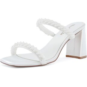 Shoe'N Tale Strappy Heels for Women Two Band Chunky Block Heeled Sandals Square Open Toe Backless Mules Slip On Pump Dress Shoes(9.5,White) in Kuwait