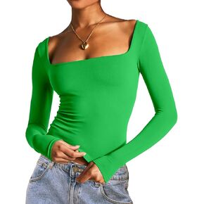 Dwnval Women's Sexy Long Sleeve Crop Top Square Neck Double Lined Basic Slim Fit T Shirt in Kuwait