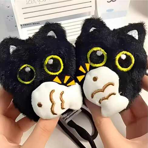 Cute Squeaky Black Cat Keychain Soft Big Eyes Plush Cat Holding Fish Design Backpack Car Phone Charm Keychains Gift in Saudi Arabia