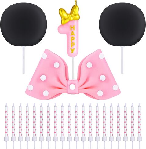 Mouse Cake Candles Topper Pink Bow and Ears Decorations with 20 PCS White Dot Long Candles for Baby 2nd Years Old Birthday Cake Topper Decor in Saudi Arabia