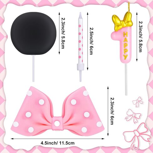 Mouse Cake Candles Topper Pink Bow and Ears Decorations with 20 PCS White Dot Long Candles for Baby 2nd Years Old Birthday Cake Topper Decor in Saudi Arabia