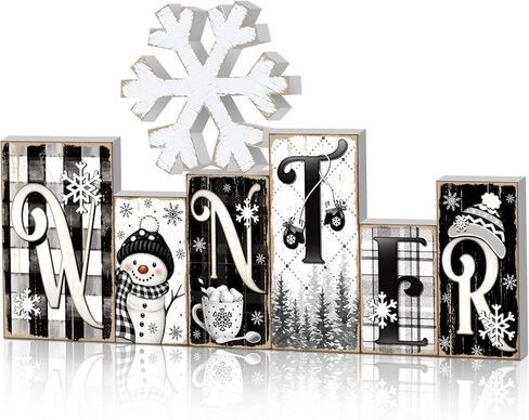 Yousoontic 2 Pcs Wooden Winter Tabletop Decoration Blue and White Winter Table Decorations Wooden Snowflake Decor Winter Tiered Tray Decor Winter Letter Table Centerpieces for Office Home Decor in Kuwait