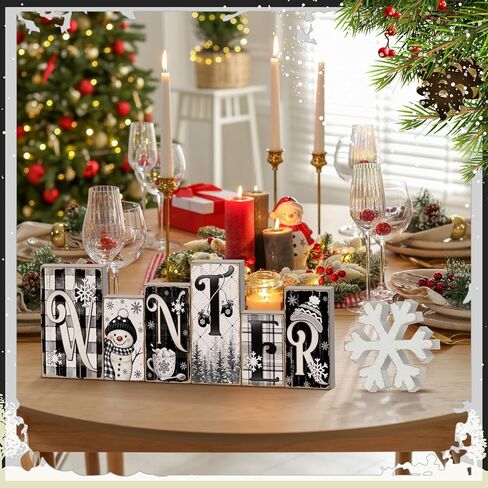 Yousoontic 2 Pcs Wooden Winter Tabletop Decoration Blue and White Winter Table Decorations Wooden Snowflake Decor Winter Tiered Tray Decor Winter Letter Table Centerpieces for Office Home Decor in Kuwait