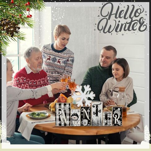 Yousoontic 2 Pcs Wooden Winter Tabletop Decoration Blue and White Winter Table Decorations Wooden Snowflake Decor Winter Tiered Tray Decor Winter Letter Table Centerpieces for Office Home Decor in Kuwait