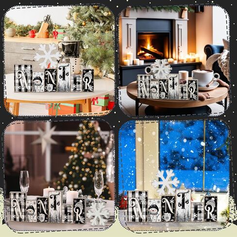 Yousoontic 2 Pcs Wooden Winter Tabletop Decoration Blue and White Winter Table Decorations Wooden Snowflake Decor Winter Tiered Tray Decor Winter Letter Table Centerpieces for Office Home Decor in Kuwait