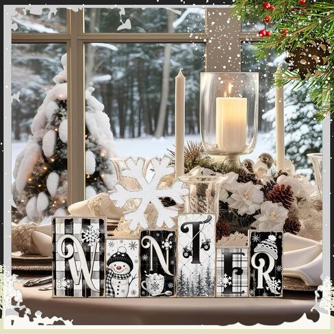 Yousoontic 2 Pcs Wooden Winter Tabletop Decoration Blue and White Winter Table Decorations Wooden Snowflake Decor Winter Tiered Tray Decor Winter Letter Table Centerpieces for Office Home Decor in Kuwait