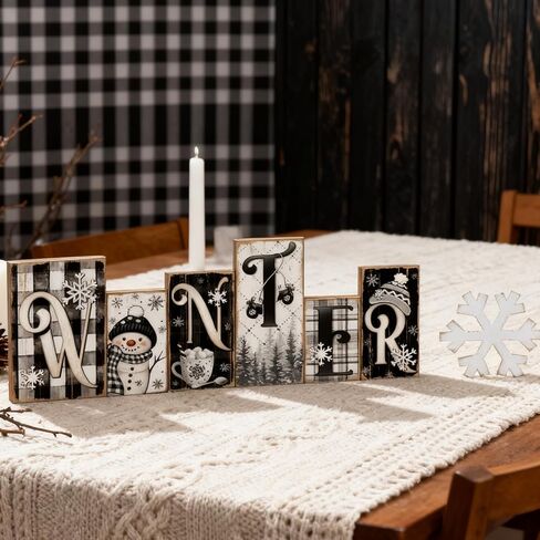 Yousoontic 2 Pcs Wooden Winter Tabletop Decoration Blue and White Winter Table Decorations Wooden Snowflake Decor Winter Tiered Tray Decor Winter Letter Table Centerpieces for Office Home Decor in Kuwait