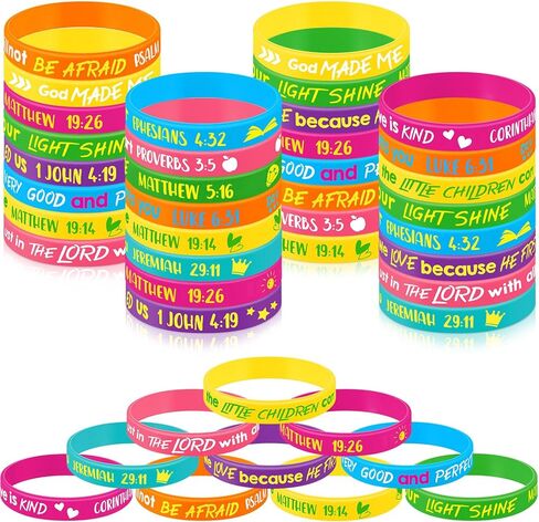 Gueevin 60 Pcs Bible Verse Bracelets for Kids Christian Scripture Bracelets Jesus Wristbands Religious Motivational Rubber Bracelets Jesus Bracelet Religious Party Favors Christian Gifts for Kids in Kuwait