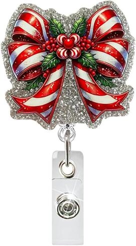 Christmas Badge Reels Holder Christmas Bows Retractable Holder with Clip Cute Name ID Badge Holder Xmas Glitter Acrylic Alligator Clip for Nursing Student, Doctor Worker Alligator Badge Accessories in Saudi Arabia