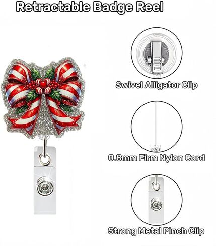 Christmas Badge Reels Holder Christmas Bows Retractable Holder with Clip Cute Name ID Badge Holder Xmas Glitter Acrylic Alligator Clip for Nursing Student, Doctor Worker Alligator Badge Accessories in Saudi Arabia