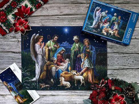 Crown Point Graphics Nativity Scene 500 Piece Jigsaw Puzzle, Artist Marcello Corti, Soft Touch Design, Christmas Religious Puzzles with Baby Jesus in Saudi Arabia