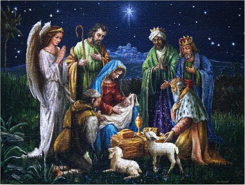 Crown Point Graphics Nativity Scene 500 Piece Jigsaw Puzzle, Artist Marcello Corti, Soft Touch Design, Christmas Religious Puzzles with Baby Jesus in Saudi Arabia