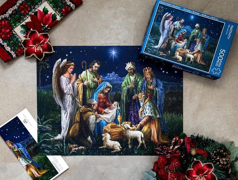 Crown Point Graphics Nativity Scene 500 Piece Jigsaw Puzzle, Artist Marcello Corti, Soft Touch Design, Christmas Religious Puzzles with Baby Jesus in Saudi Arabia