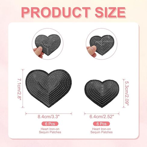 Sequin Heart Iron on Patches Embroidered Sew Sequin Glitter Patch Appliques, Fit for DIY Shoes Hats Backpacks Clothing Repair - (12 Pack, Black, 2 Size) in Saudi Arabia