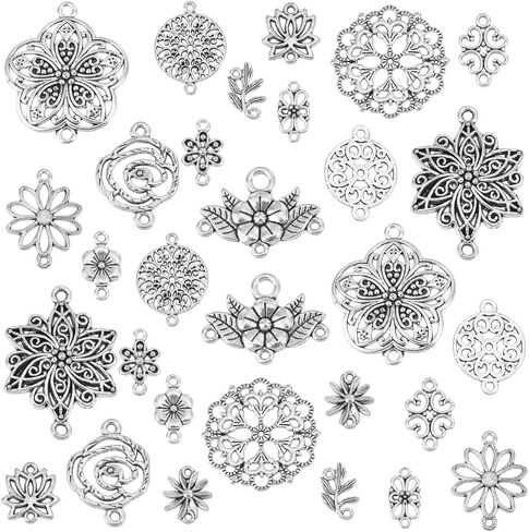 PandaHall 120PCS 15 Styles Tibetan Vintage Style Flower Charms Alloy Filigree Pendants Double Hole Jewelry Connectors for Earrings, Bracelet, Necklace - Antique Silver in Saudi Arabia