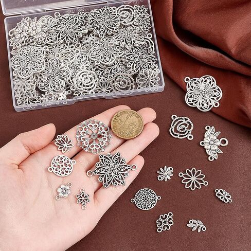 PandaHall 120PCS 15 Styles Tibetan Vintage Style Flower Charms Alloy Filigree Pendants Double Hole Jewelry Connectors for Earrings, Bracelet, Necklace - Antique Silver in Saudi Arabia