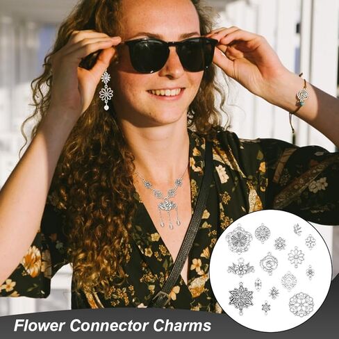 PandaHall 120PCS 15 Styles Tibetan Vintage Style Flower Charms Alloy Filigree Pendants Double Hole Jewelry Connectors for Earrings, Bracelet, Necklace - Antique Silver in Saudi Arabia