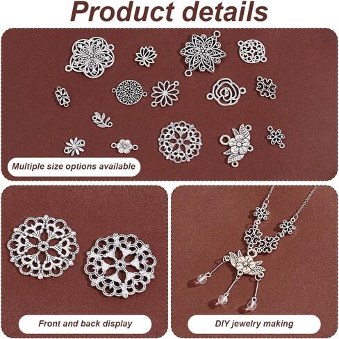 PandaHall 120PCS 15 Styles Tibetan Vintage Style Flower Charms Alloy Filigree Pendants Double Hole Jewelry Connectors for Earrings, Bracelet, Necklace - Antique Silver in Saudi Arabia
