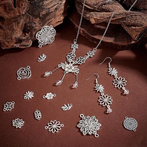 PandaHall 120PCS 15 Styles Tibetan Vintage Style Flower Charms Alloy Filigree Pendants Double Hole Jewelry Connectors for Earrings, Bracelet, Necklace - Antique Silver in Saudi Arabia