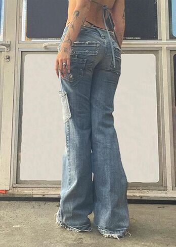Womens Star Print Jeans Y2k Jeans Baggy Denim Pants Vintage Blue Jeans Straight Leg Pants in Kuwait