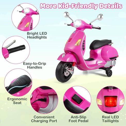 Costzon Toddler Motorcycle, 12V Licensed Vespa Ride on Motorcycle with Training Wheels, LED Headlight & Horn Sound, Ride on Toy, Battery Powered Motorbike, Gift for Boys & Girls, Gift (12V,Rose Pink) in Saudi Arabia