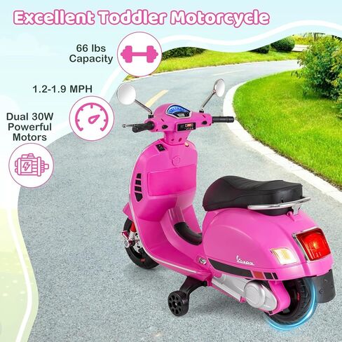 Costzon Toddler Motorcycle, 12V Licensed Vespa Ride on Motorcycle with Training Wheels, LED Headlight & Horn Sound, Ride on Toy, Battery Powered Motorbike, Gift for Boys & Girls, Gift (12V,Rose Pink) in Saudi Arabia