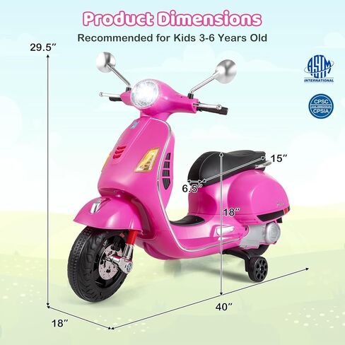 Costzon Toddler Motorcycle, 12V Licensed Vespa Ride on Motorcycle with Training Wheels, LED Headlight & Horn Sound, Ride on Toy, Battery Powered Motorbike, Gift for Boys & Girls, Gift (12V,Rose Pink) in Saudi Arabia