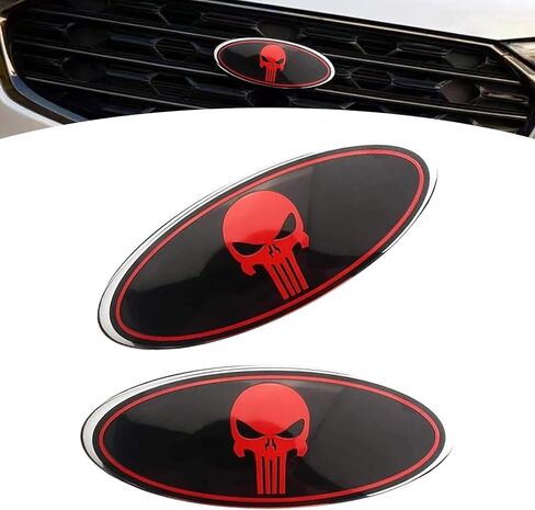 قطعتان من شعار شبكة أمامية على شكل جمجمة، لوحة اسم شارة رائعة للباب الخلفي، ملصق غطاء شبكي مركزي خارجي ذاتي اللصق، متوافق مع Ford F150 F250 (أحمر) in Kuwait