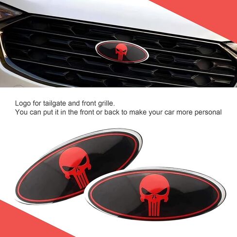 قطعتان من شعار شبكة أمامية على شكل جمجمة، لوحة اسم شارة رائعة للباب الخلفي، ملصق غطاء شبكي مركزي خارجي ذاتي اللصق، متوافق مع Ford F150 F250 (أحمر) in Kuwait