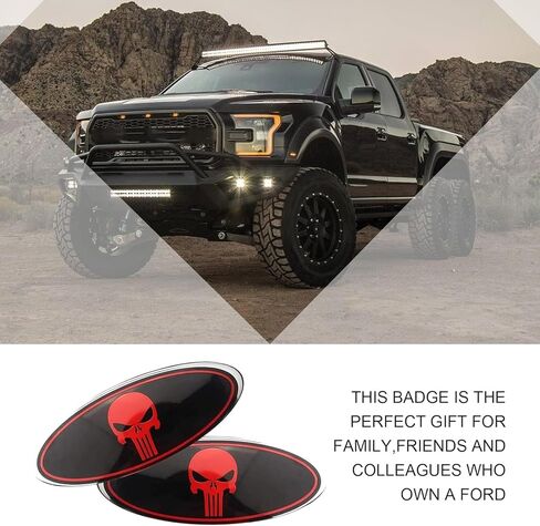 قطعتان من شعار شبكة أمامية على شكل جمجمة، لوحة اسم شارة رائعة للباب الخلفي، ملصق غطاء شبكي مركزي خارجي ذاتي اللصق، متوافق مع Ford F150 F250 (أحمر) in Kuwait