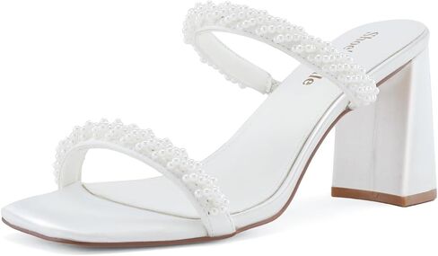 Shoe'N Tale Strappy Heels for Women Two Band Chunky Block Heeled Sandals Square Open Toe Backless Mules Slip On Pump Dress Shoes(9.5,White) in Kuwait