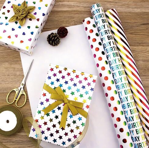 19.69 inches x 27.56 inches 4 Sheets of Foil Stamped Rainbow Gift Wrapping Paper, Perfect for Valentine's Day, Birthday in Saudi Arabia