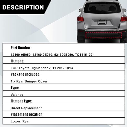 غطاء المصد السفلي من SecosAutoparts متوافق مع Toyota Highlander 2011 2012 2013 استبدال # 521690E050، TO1115102 غطاء المصد الخلفي in Saudi Arabia