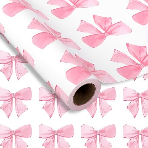 JarThenaAMCS Pink Bow Wrapping Paper -Mini Roll- 17In x 32.8 Ft Watercolor Bow Knot Gift Wrap Paper Sweet Craft Paper for Mother's Day Girls Birthday Wedding Baby Shower Party Packing Supplies in Saudi Arabia