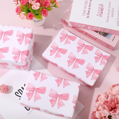 JarThenaAMCS Pink Bow Wrapping Paper -Mini Roll- 17In x 32.8 Ft Watercolor Bow Knot Gift Wrap Paper Sweet Craft Paper for Mother's Day Girls Birthday Wedding Baby Shower Party Packing Supplies in Saudi Arabia