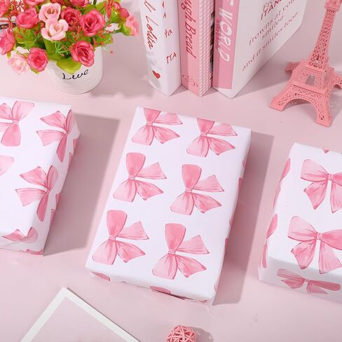 JarThenaAMCS Pink Bow Wrapping Paper -Mini Roll- 17In x 32.8 Ft Watercolor Bow Knot Gift Wrap Paper Sweet Craft Paper for Mother's Day Girls Birthday Wedding Baby Shower Party Packing Supplies in Saudi Arabia