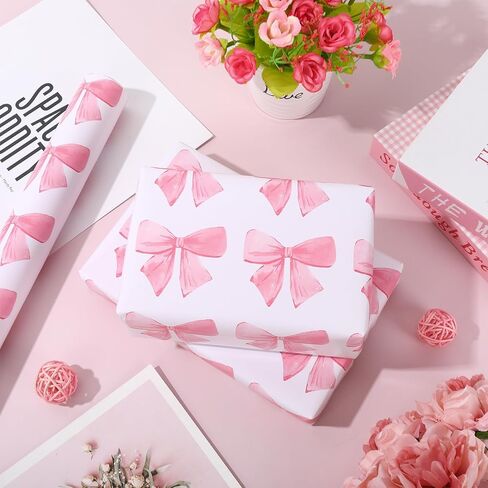JarThenaAMCS Pink Bow Wrapping Paper -Mini Roll- 17In x 32.8 Ft Watercolor Bow Knot Gift Wrap Paper Sweet Craft Paper for Mother's Day Girls Birthday Wedding Baby Shower Party Packing Supplies in Saudi Arabia